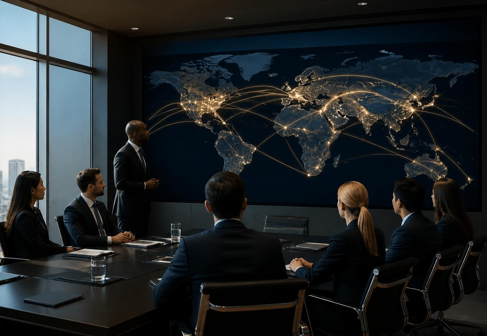 Nexus Global Sourcing executive team reviewing global supply chain routes